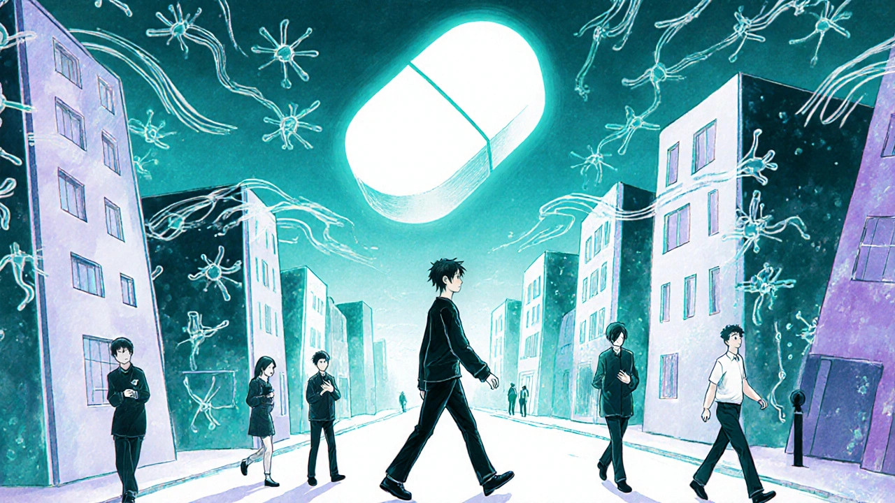 A cityscape of neuron-shaped buildings pulsing with serotonin waves under a glowing acetaminophen tablet.