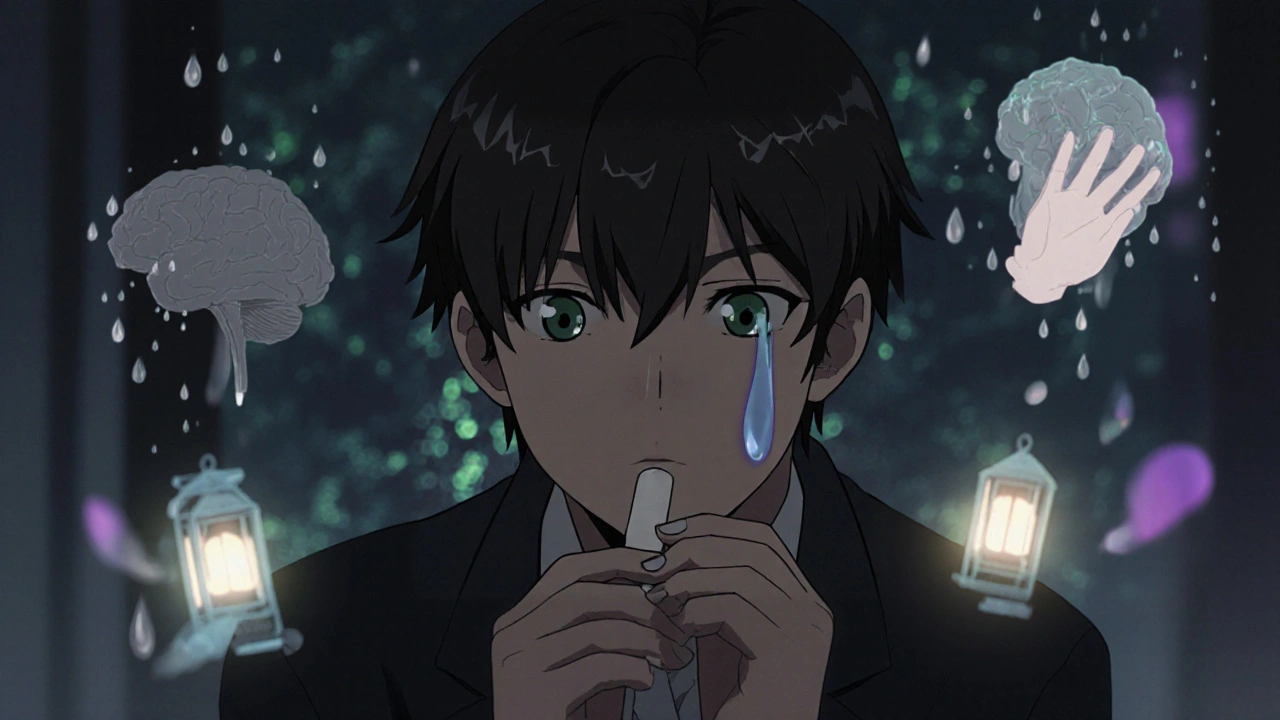 A person in a dim room with fading emotional fragments around them after taking a painkiller.