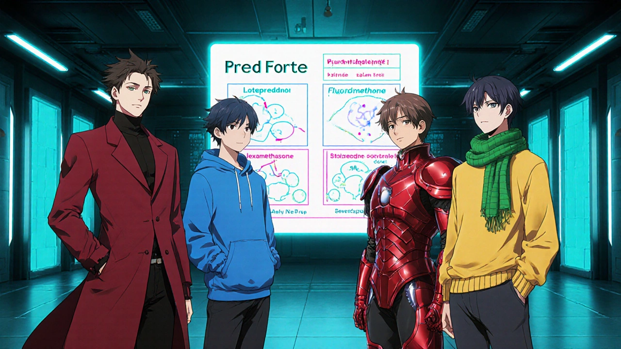 Anime characters representing five eye‑drop steroids stand around a comparison chart.