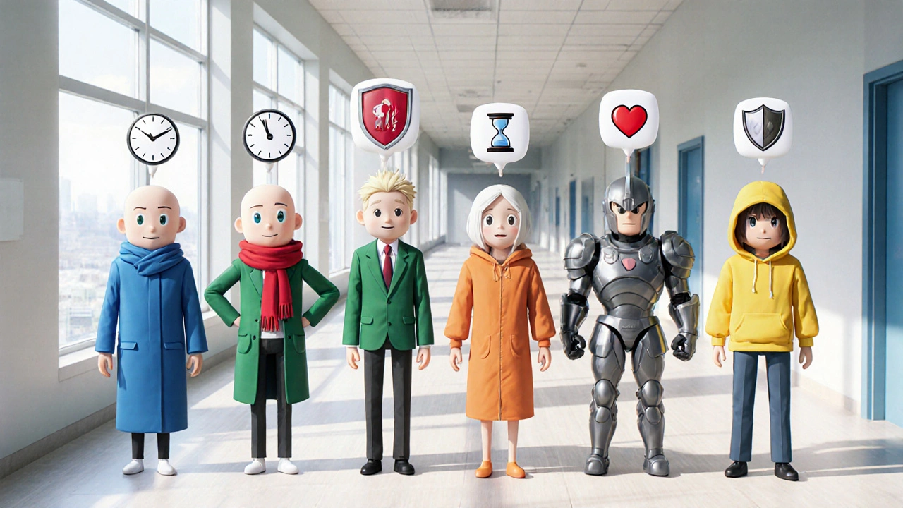 Anime characters representing six NSAIDs lined up with icons for onset, duration, GI and CV risk.