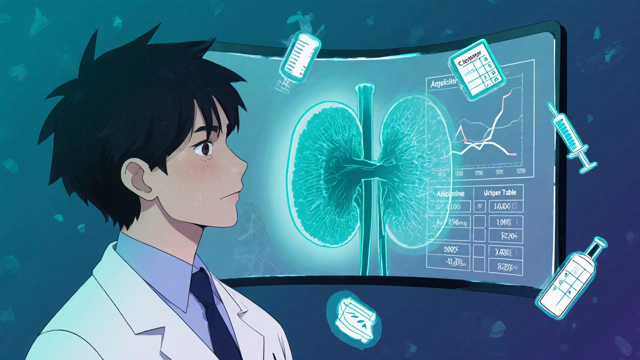 Anime doctor reviewing renal function and ampicillin dosage on a digital monitor.