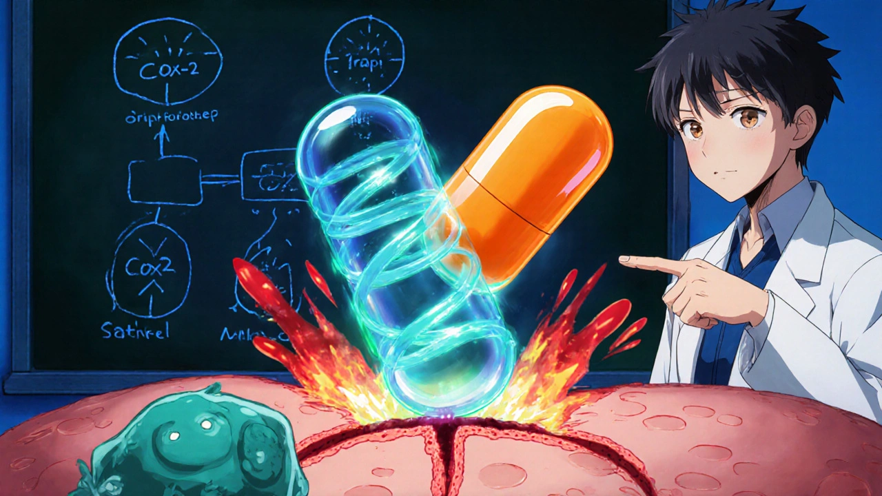 Anime illustration of aceclofenac blocking COX-2 enzyme, reducing red inflamed cells around an incision.