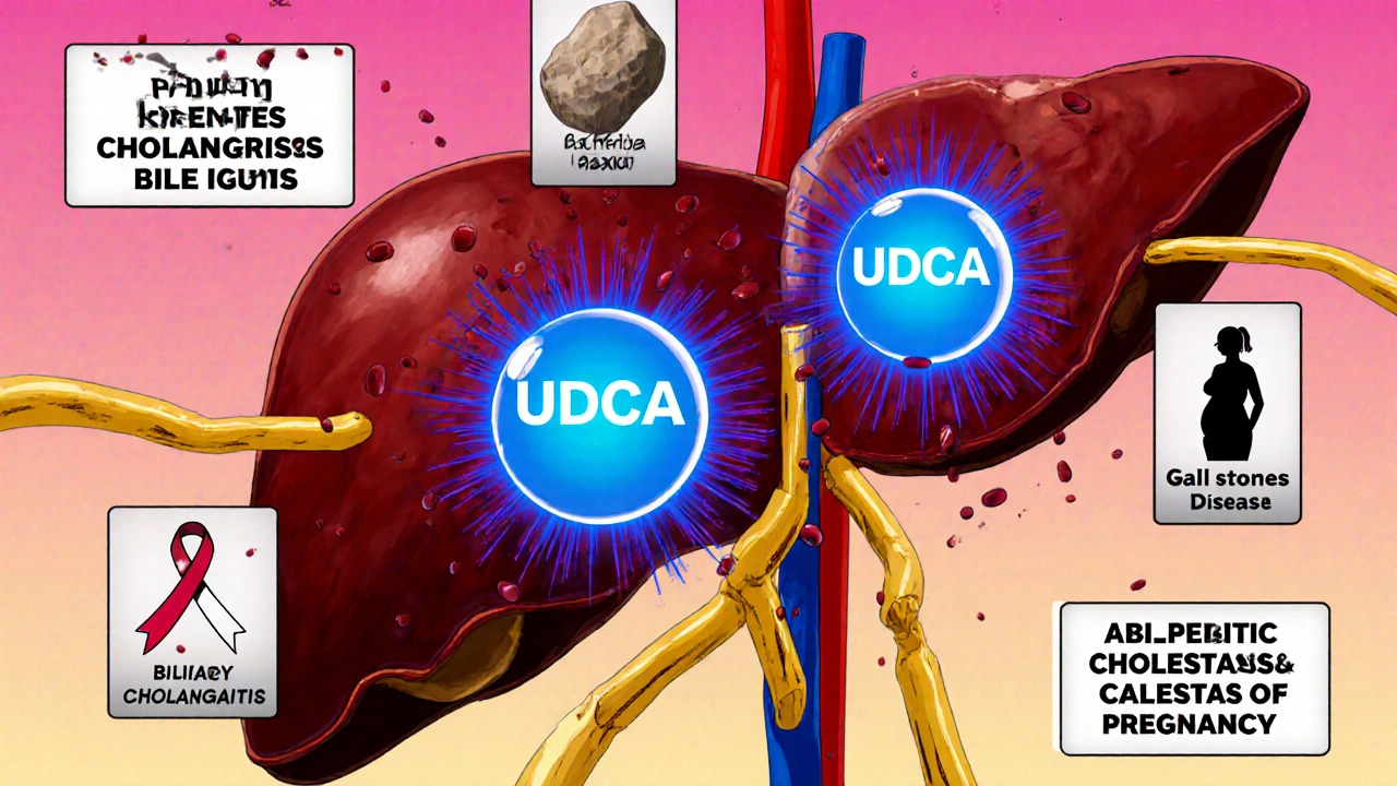 Anime liver diagram showing blue UDCA orbs replacing toxic bile with disease icons.