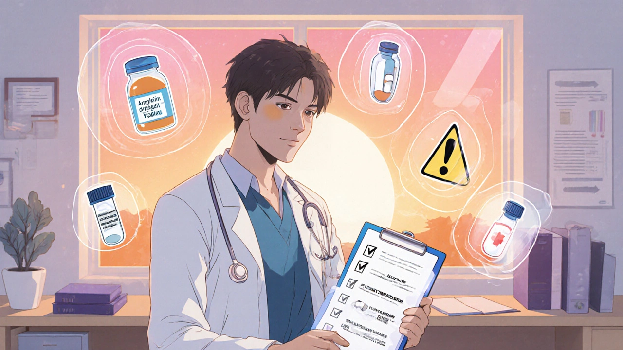 Anime physician checking a clipboard with floating icons of drugs and labs.