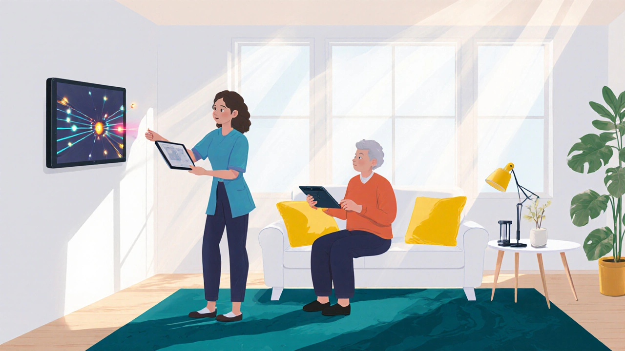 Caregiver assists stroke survivor with visual exercises in bright home setting.