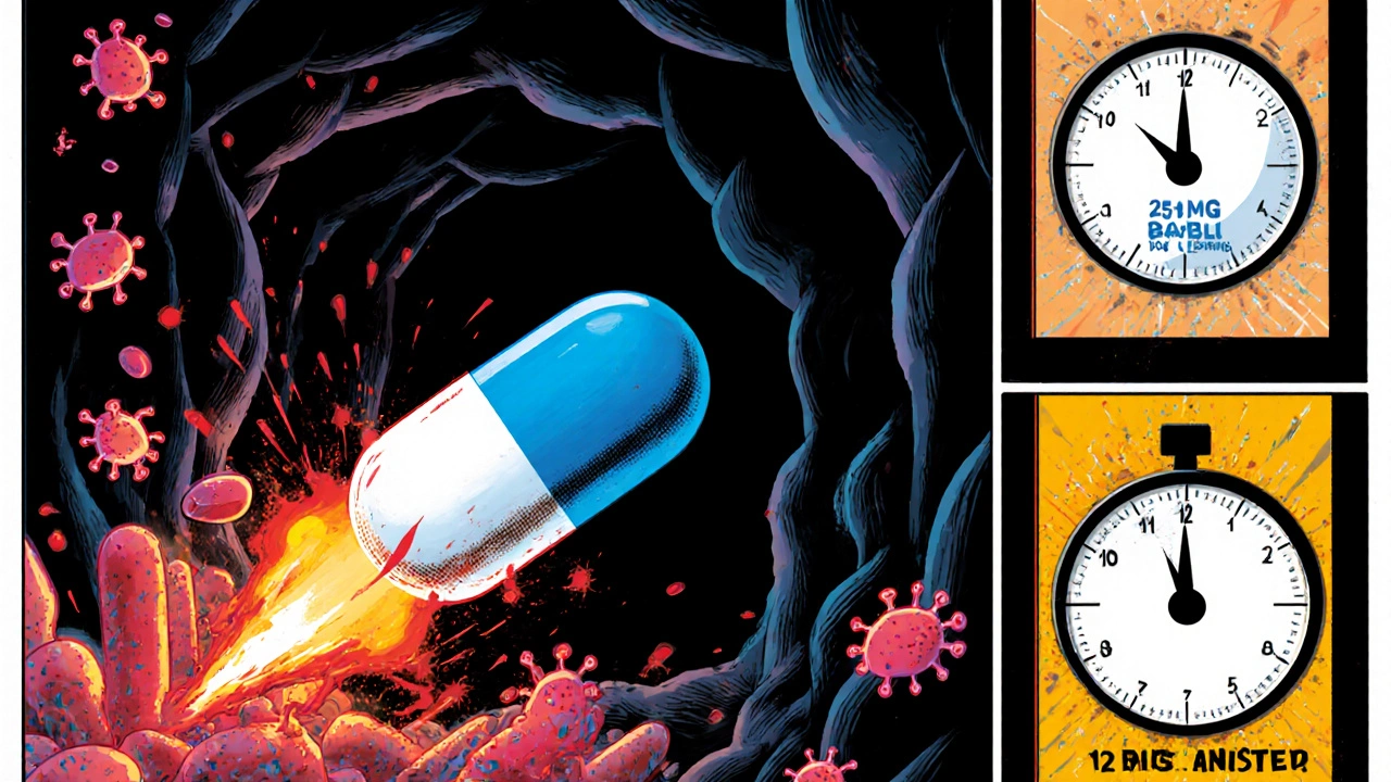 Cefprozil capsule attacks bacteria inside a stylized sinus cavity, showing dosage icons.