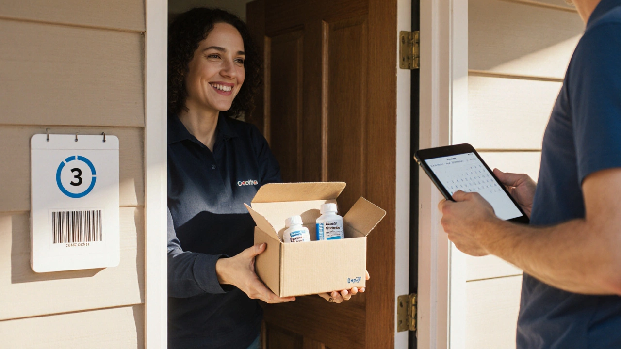 Courier delivering a package with a bupropion bottle to a happy recipient at home.