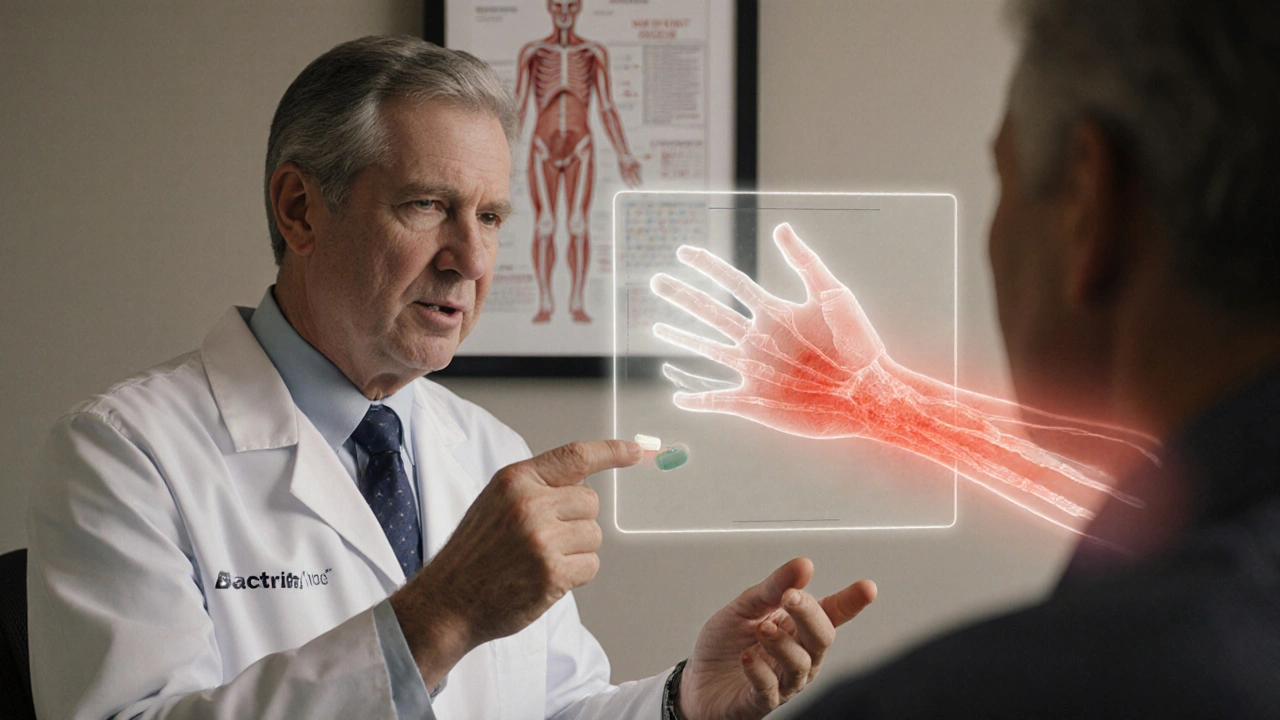 Doctor and patient discussing medication, with subtle visual hints of rash and tendon risk.