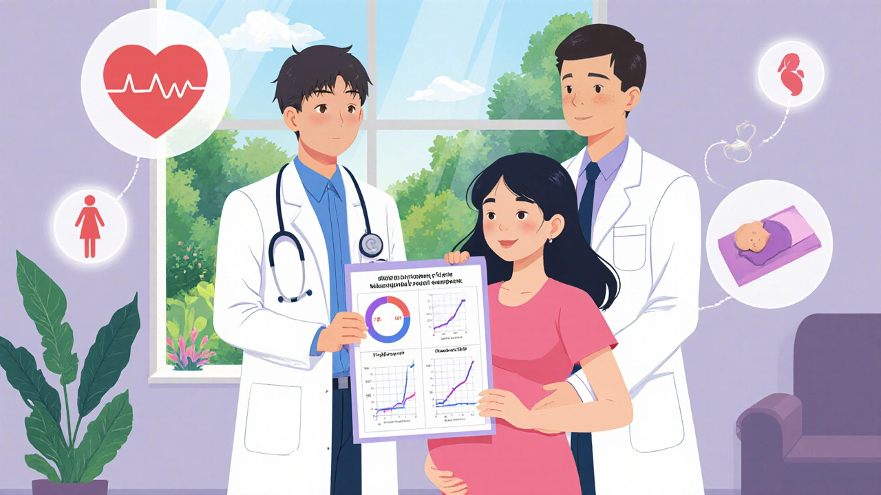 Doctor and psychiatrist supporting a pregnant patient with safety data and healing symbols.