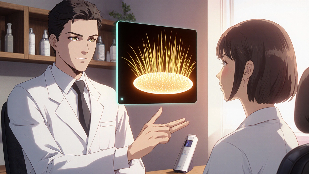 Doctor shows holographic hair regrowth to smiling patients, anime style.
