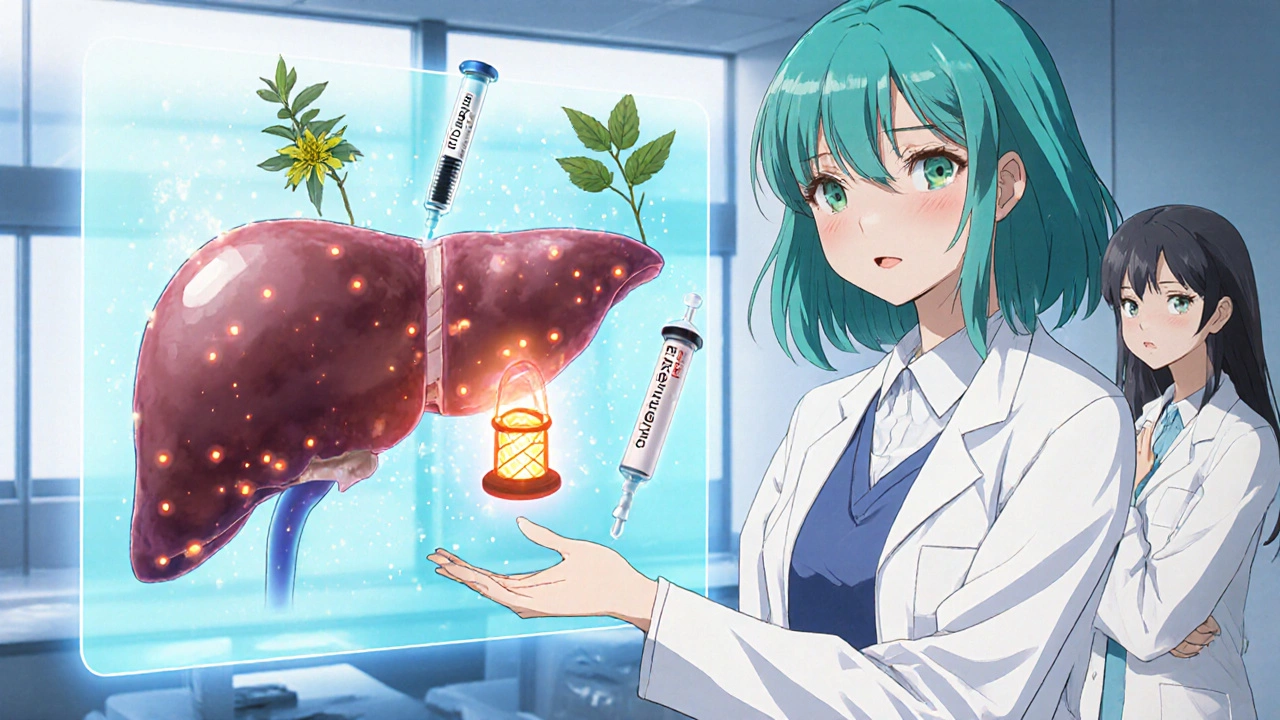 Doctor shows liver enzymes affecting lamotrigine with floating herbs, anime style.