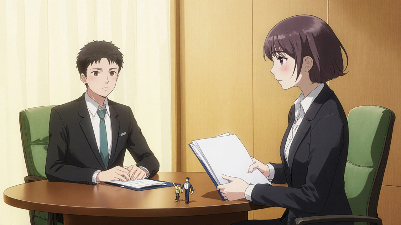 Employee hands a folder to a supportive HR representative in a softly lit conference room.