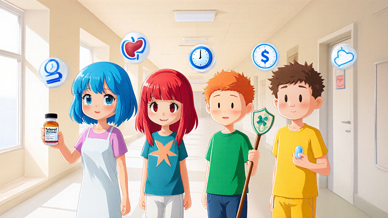 Four anime characters representing Tylenol, ibuprofen, naproxen, and aspirin with floating icons.