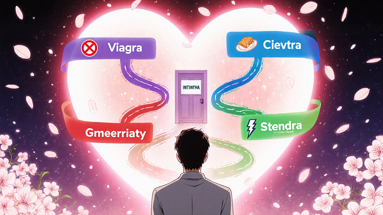 Heart with colored pathways representing different ED medications