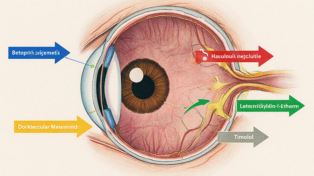 Illustrated eye cross‑section showing where each glaucoma drug acts.