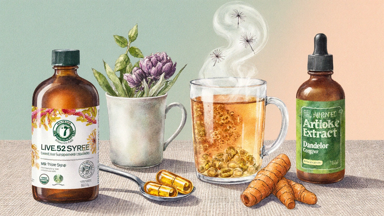 Illustrated flat lay of liver‑support supplements: syrup, capsules, tea, and extract.