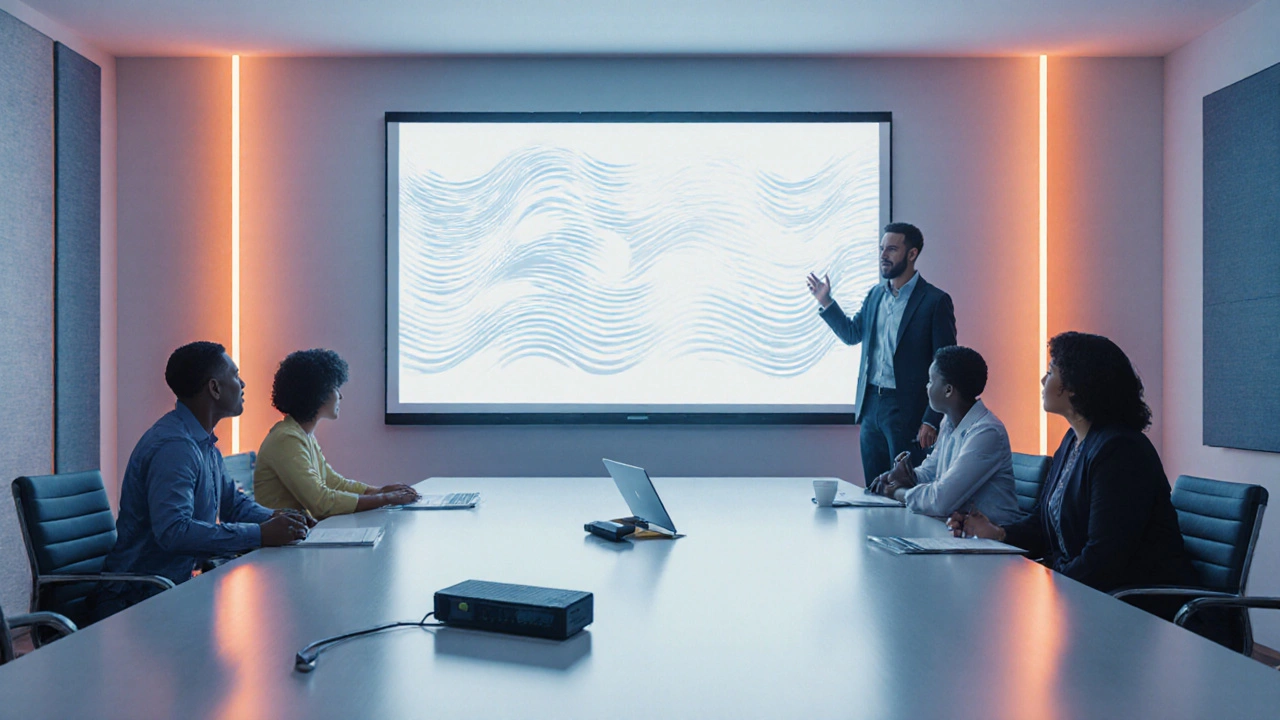 Inclusive meeting room with captioning screen, assistive listening device, and visual alerts.