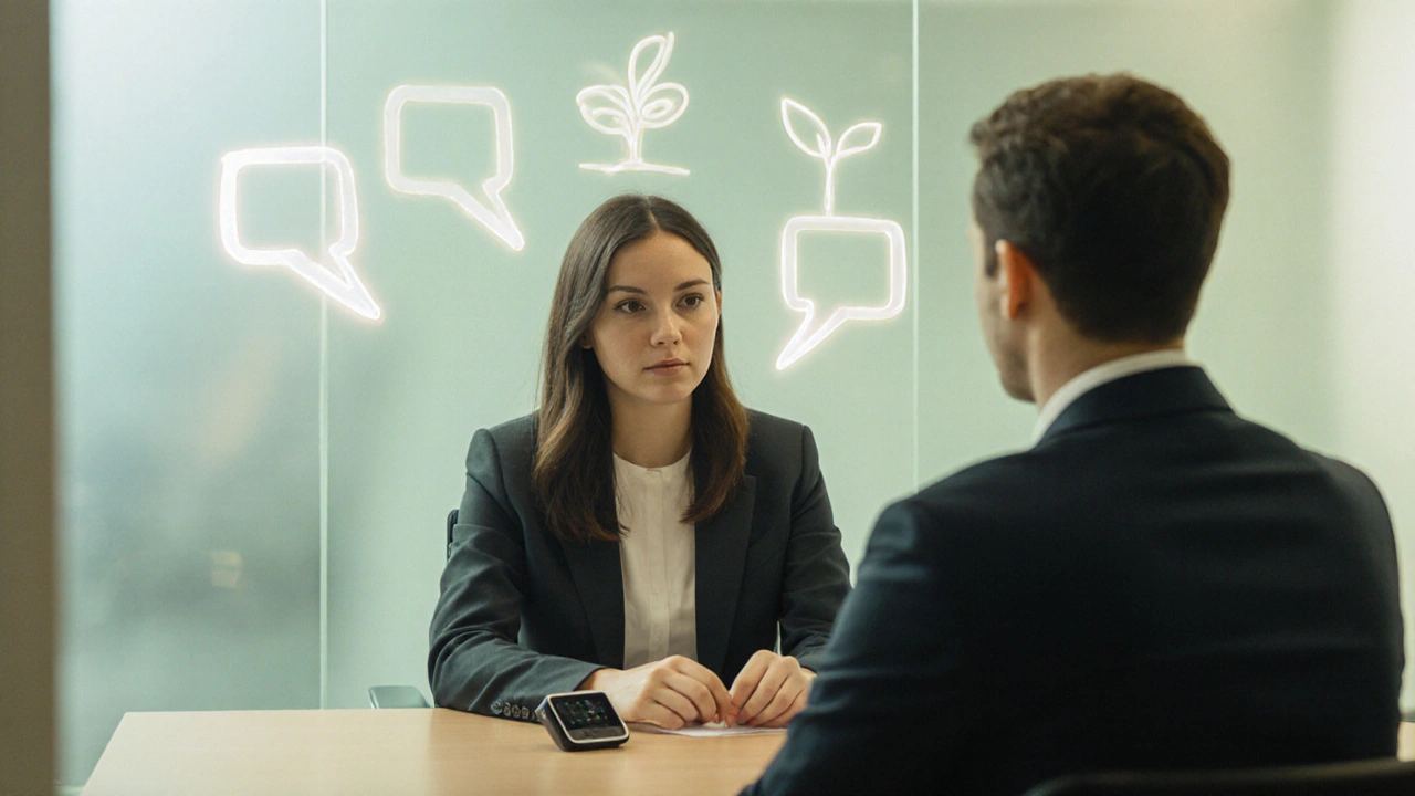 Job interview showing confident candidate using a captioning device with supportive recruiter.