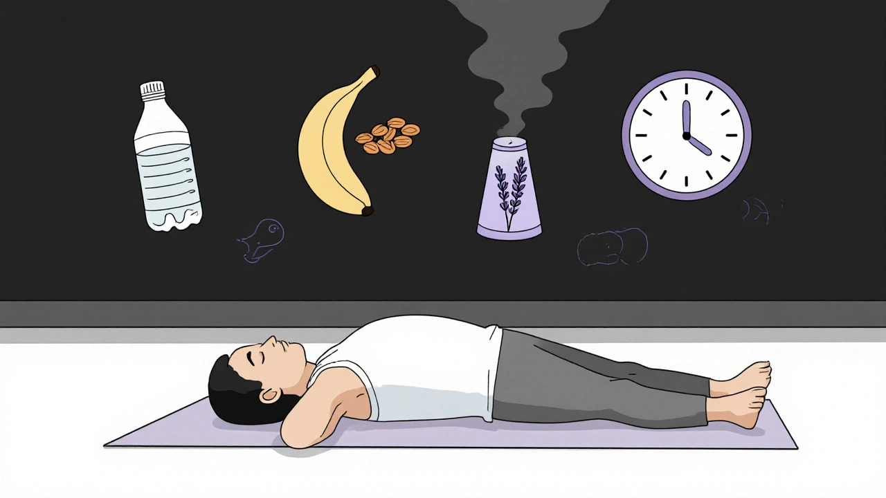 Minimalist bedroom scene with Savasana and icons for water, food, sleep, and relaxation.