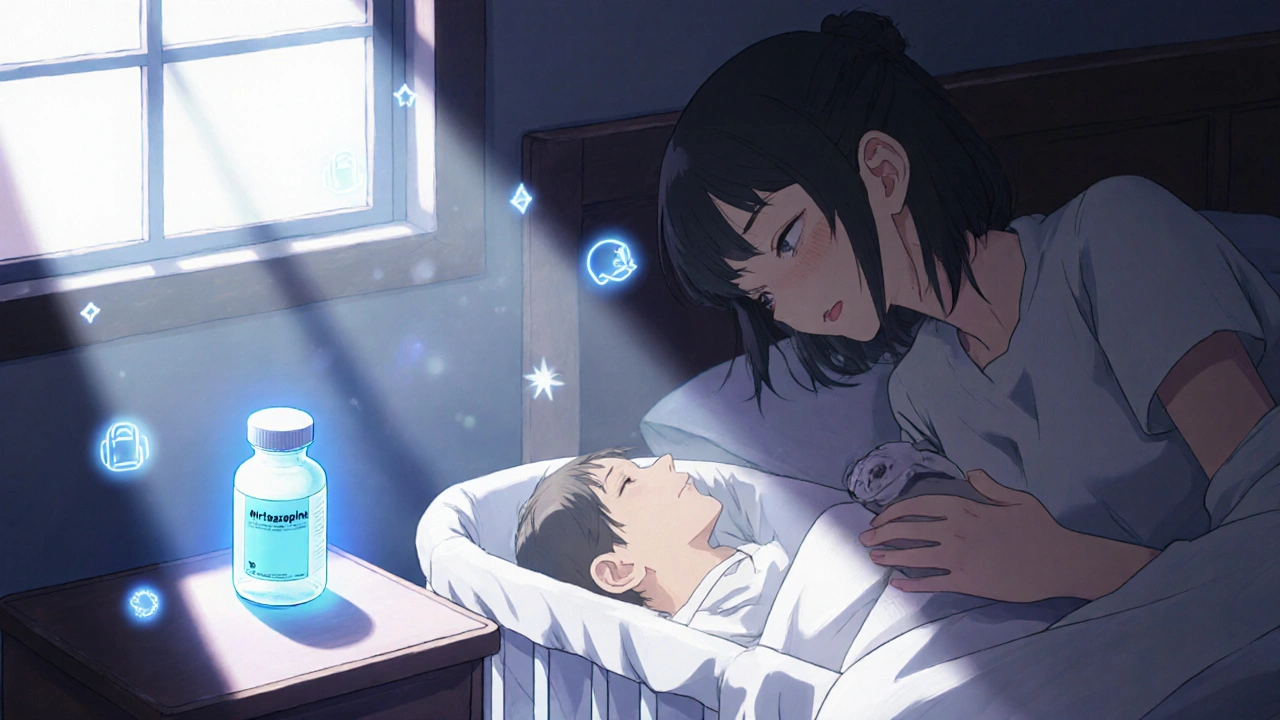 Mother breastfeeding newborn with mirtazapine bottle nearby, bathed in warm morning light.