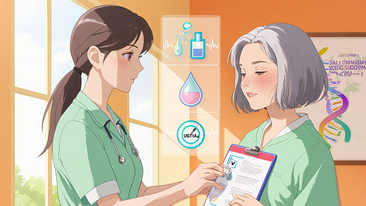 Nurse gives checklist to woman applying HRT patch, clinic setting, anime style.