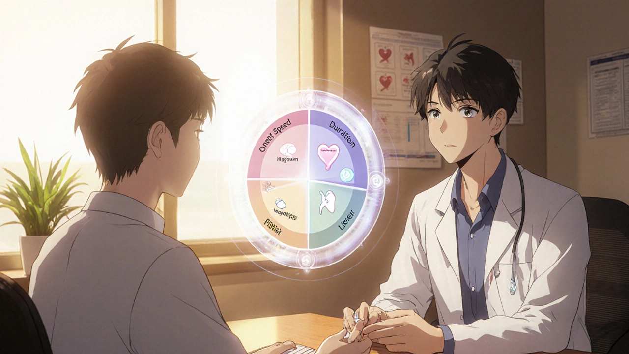 Patient and doctor reviewing a holographic decision wheel showing NSAID options in anime style.
