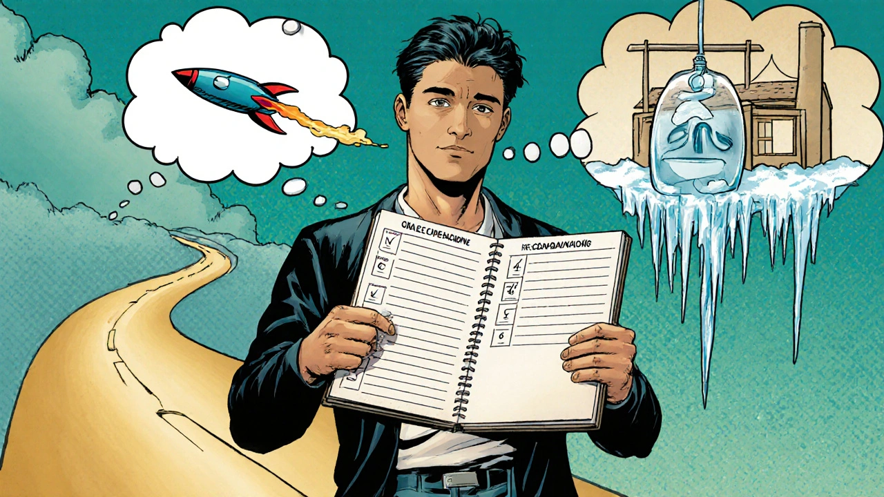 Patient checking medication diary, thought bubble of home road, pill rocket versus IV drip icons.