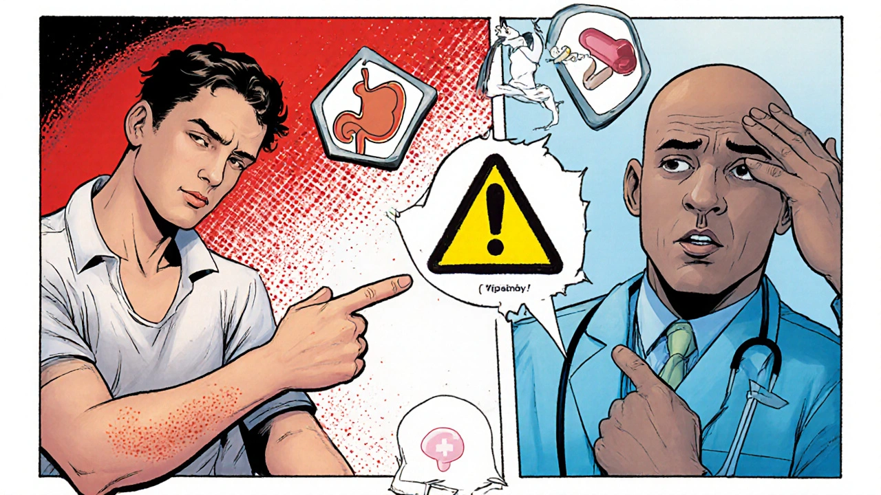 Patient shows rash and GI upset while doctor warns of drug interactions in a comic vignette.