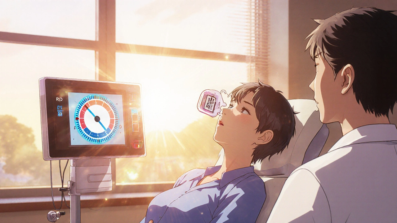 Patient using eye drops while doctor checks IOP, depicted in anime style.
