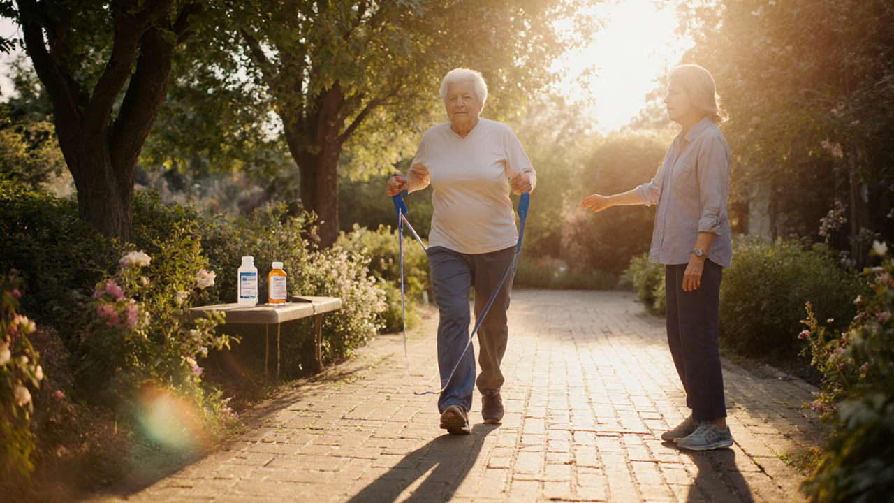 Patient walking with resistance band in sunny garden, calcium and vitamin D supplements nearby.