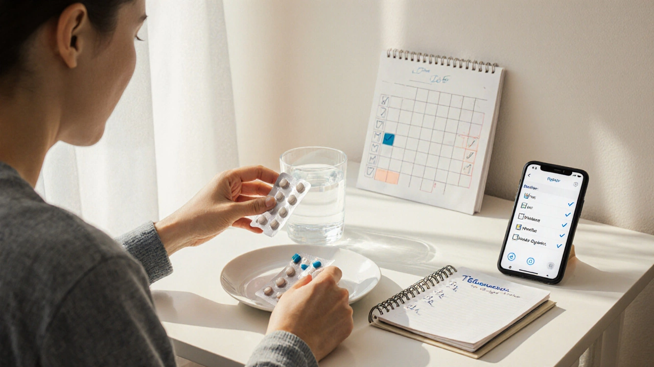 Person at home taking a single antibiotic pill with water, calendar and checklist nearby.