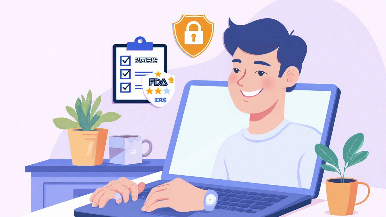 Person at laptop reviewing secure pharmacy icons and checklist while ordering medication.