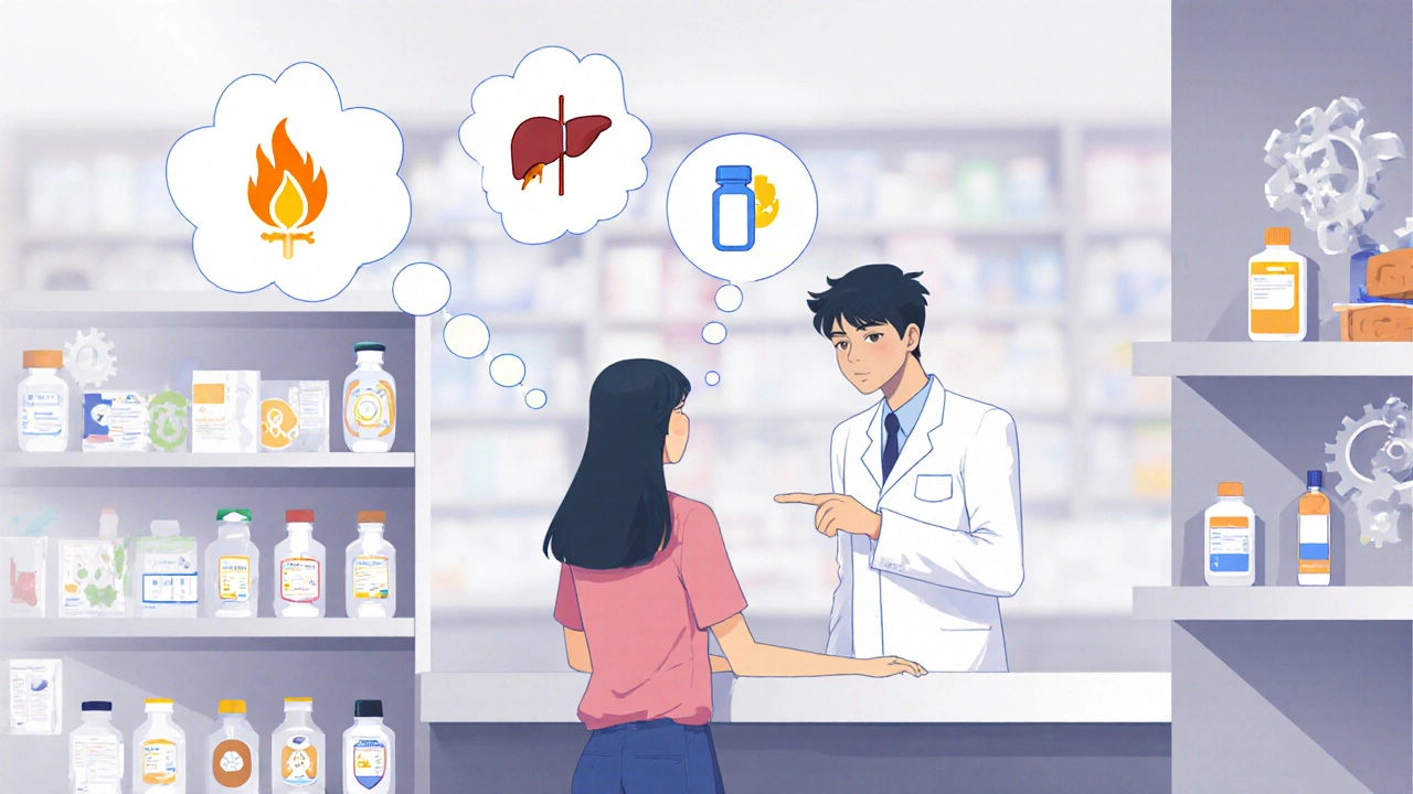 Person at pharmacy discussing pain reliever choices, thought bubbles show selection criteria.
