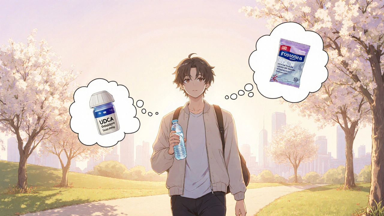 Protagonist walking in a sunny park with water bottle, snack, and medication thought bubbles.