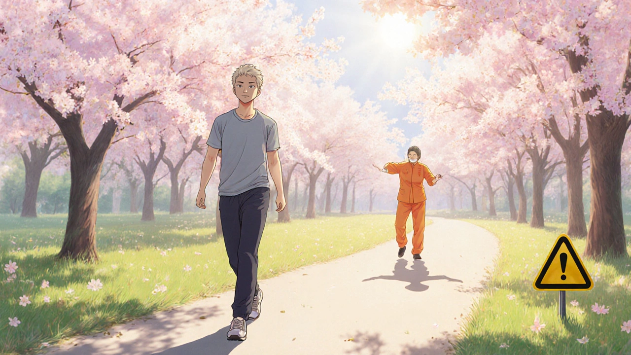 Recovered patient walking under pink cherry blossoms with a physiotherapist, sunrise lighting.