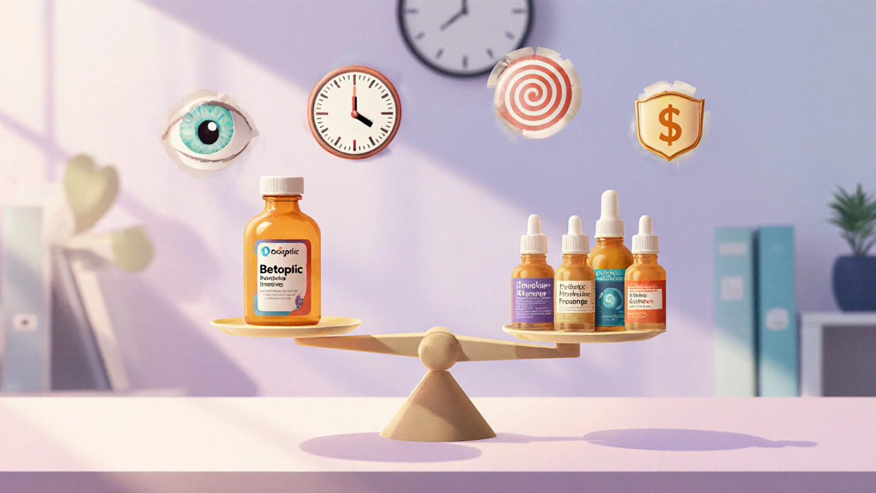 Scale balancing Betoptic against other drops with icons for safety, cost, and dosing.