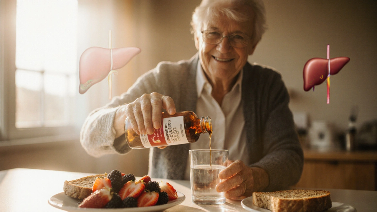Senior person pouring Liv.52 syrup into a glass at breakfast with fresh fruit.