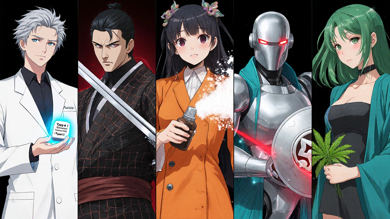 Six anime characters personify different hair loss treatments.