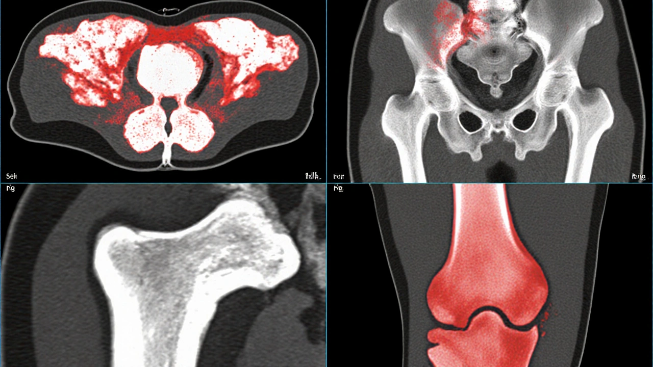 Split‑screen CT‑style image showing four different cancer bone metastasis patterns.