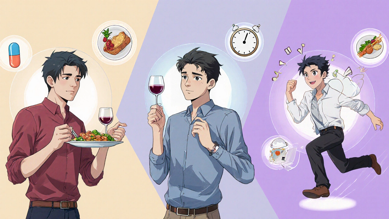 Three men comparing ED meds with floating icons of food, wine, and time