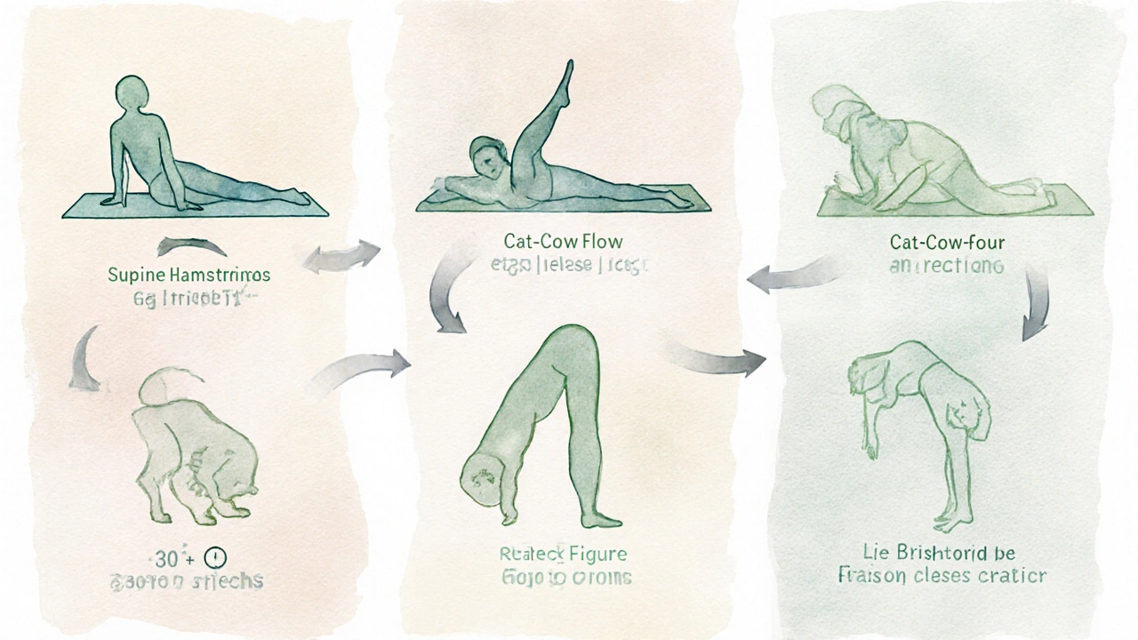 Watercolor guide showing five yoga poses for muscle spasm relief.