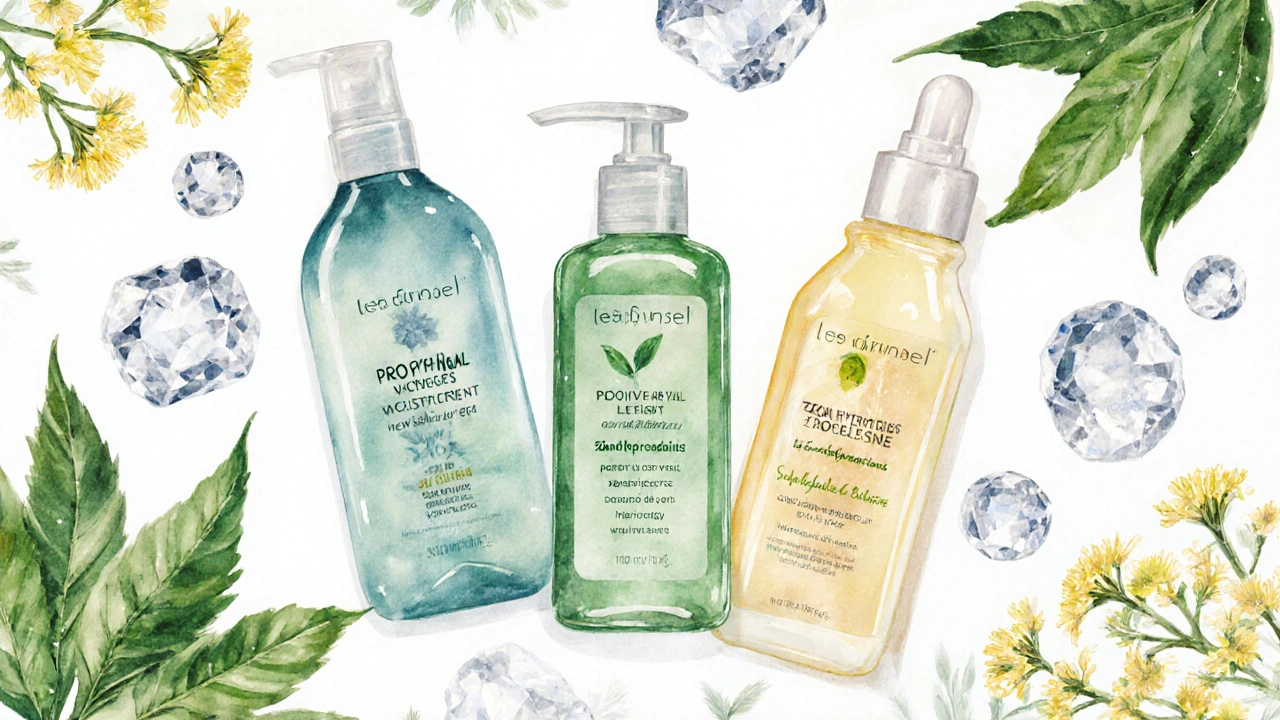 Watercolor of tea tree, zinc, lactobacillus, chamomile around skincare bottles.