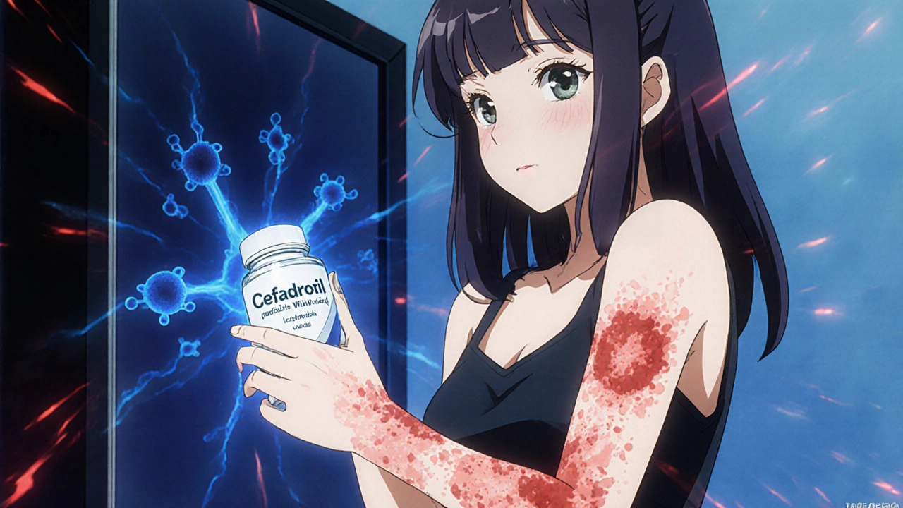 Woman holding cefadroxil as bacterial infection spreads on her arm, antibiotic molecules glowing