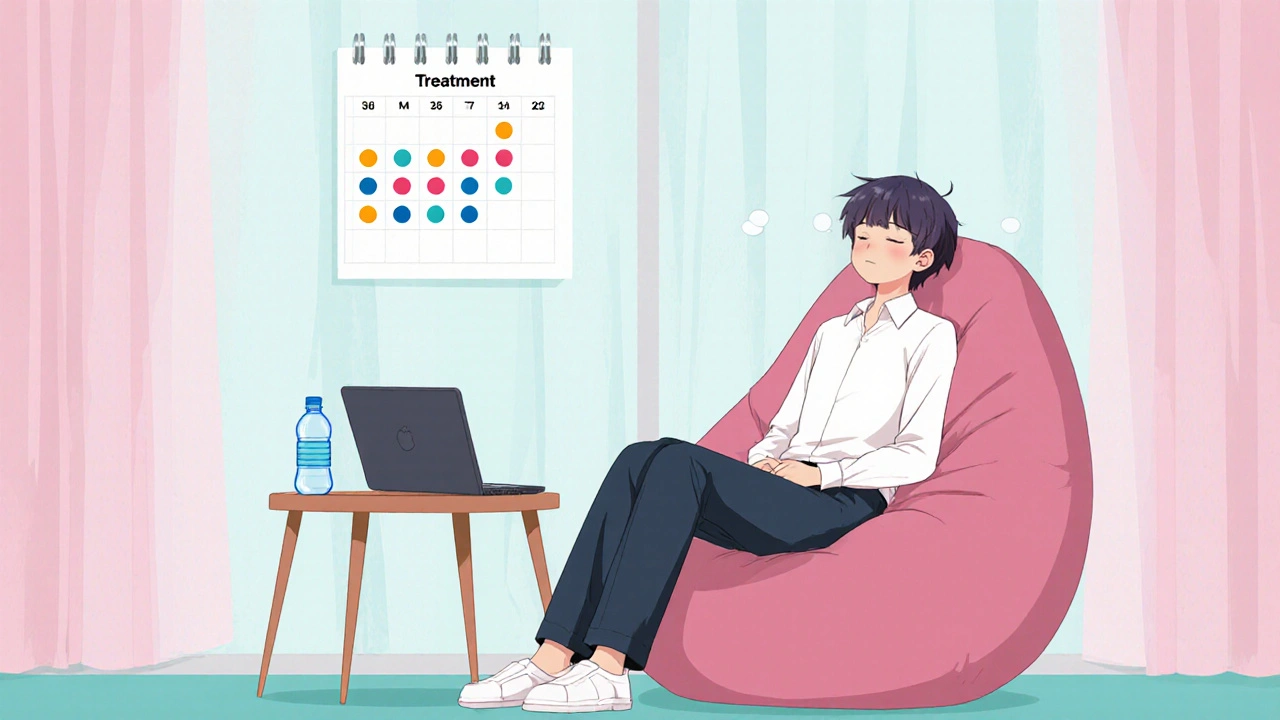 Worker rests on a bean‑bag, sipping water, with a calendar showing colored dots in a calm break area.