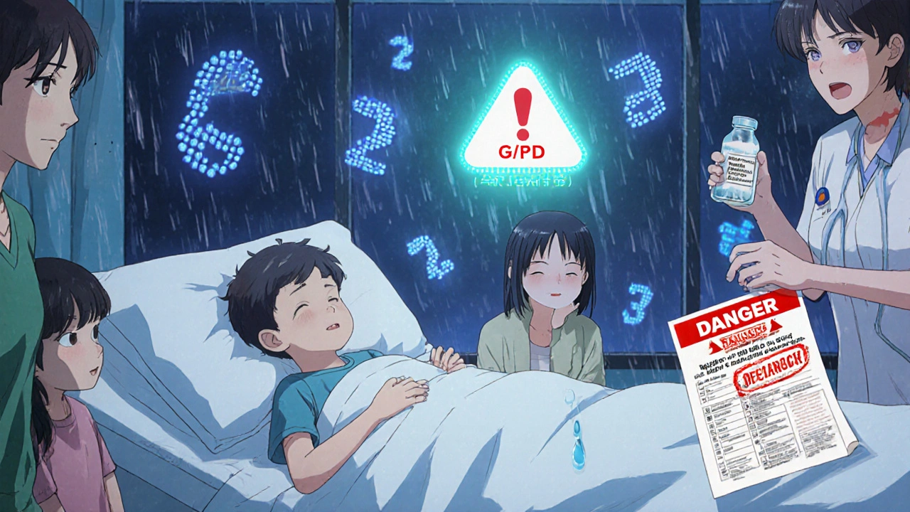 A child in a hospital bed with glowing G6PD warning symbol, family nearby, nurse holding dangerous methylene blue vial.