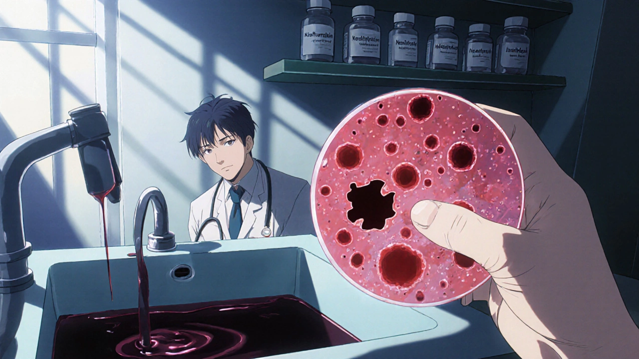 A doctor examining blood cells under a microscope while dark urine flows into a sink, medications visible in background.