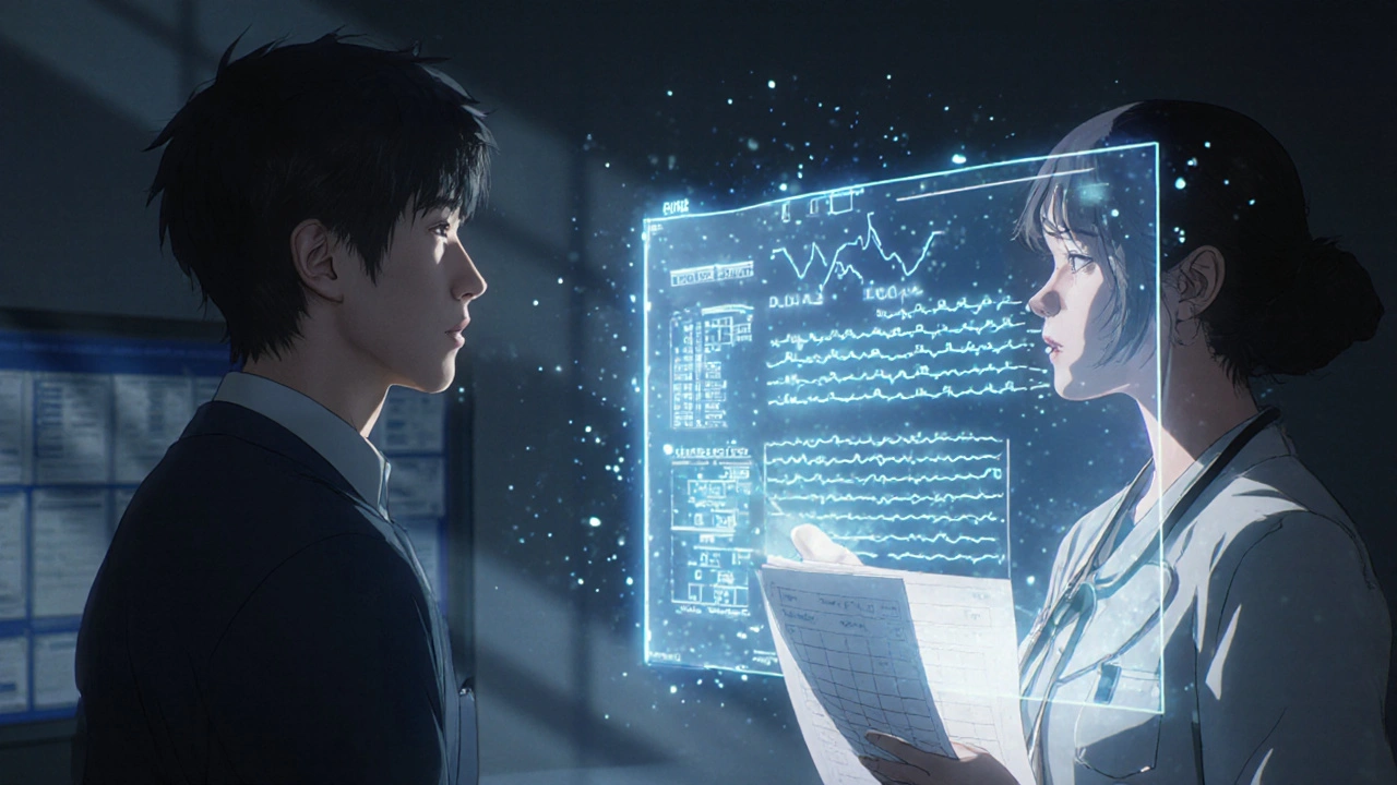 A doctor views a holographic symptom diary showing drug reaction patterns in a clinic.