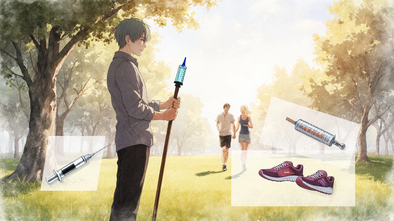 A man in a park with a transforming cane symbolizing implants, surrounded by faint overlays of alternative ED treatments and lifestyle icons.