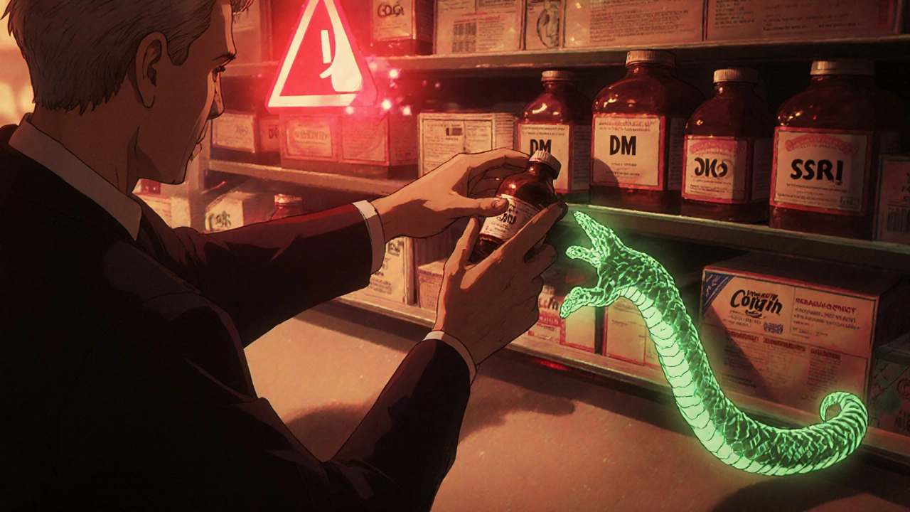 A man reaching for a cough syrup with a red alert icon above it, his shadow forming a serotonin serpent.