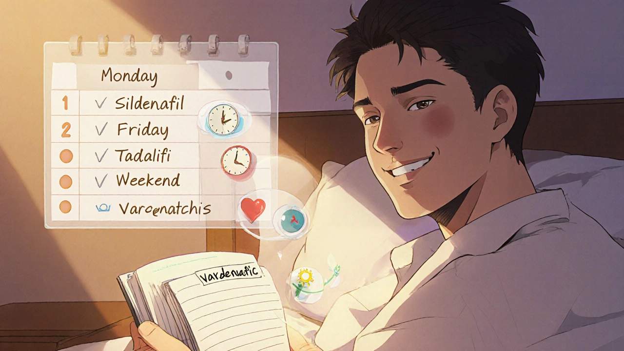 A man reviewing a journal with dates marked for three ED drugs, floating icons showing effects and side effects, in a bedroom setting.